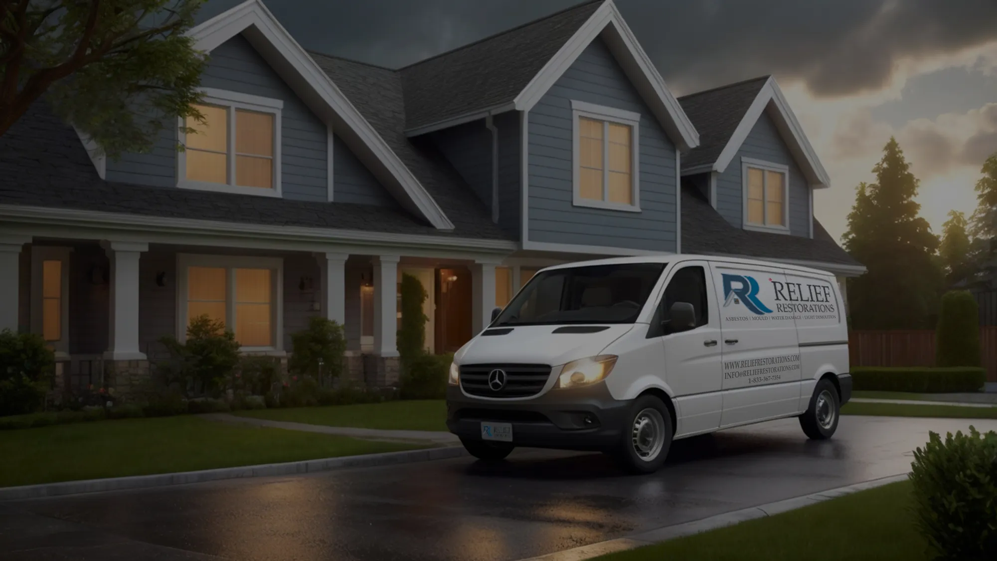 A branded Relief Restorations service van parked in front of a Winnipeg home at dusk after a storm